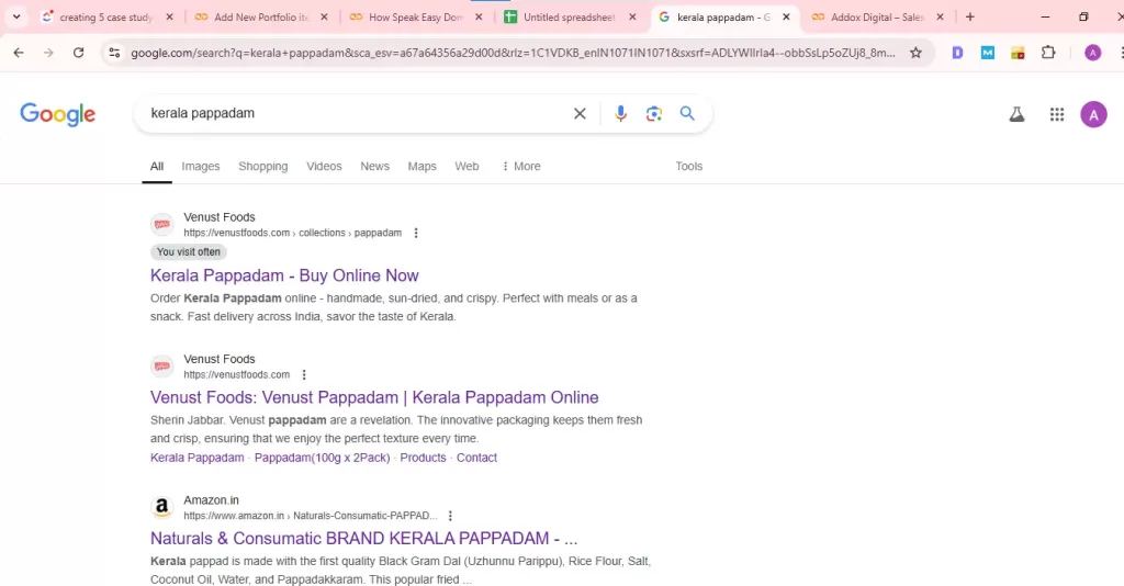 clients keyword ranked within one month in google for the keywor " kerala pappadam "