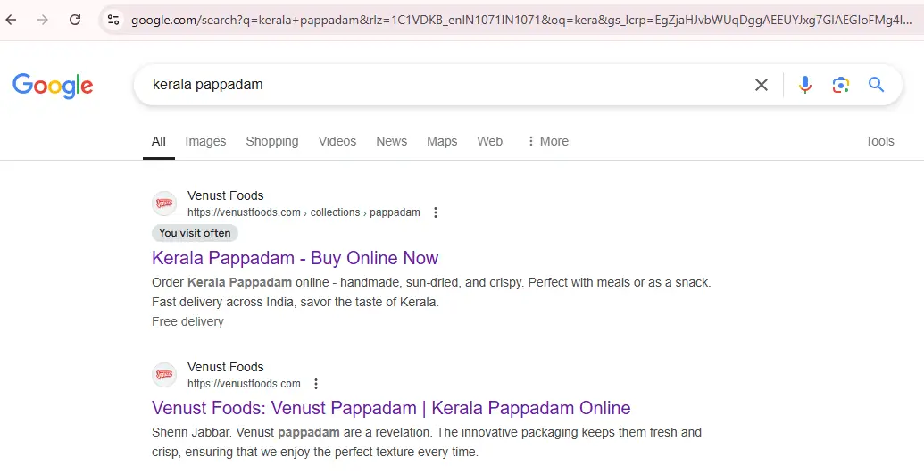 We Helped Venust Rank #1 on Google for “Kerala Pappadam” and Boost Sales by 50%