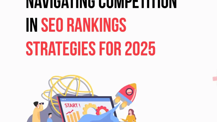 Infographic outlining SEO strategies for navigating competition in 2025, including trend analysis, content quality, and technical optimizations.