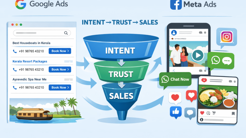 Google Ads vs Meta Ads sales funnel showing intent trust and conversion journey for Kerala businesses
