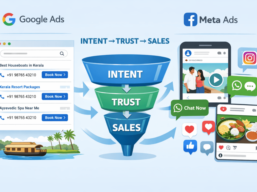 Google Ads vs Meta Ads sales funnel showing intent trust and conversion journey for Kerala businesses
