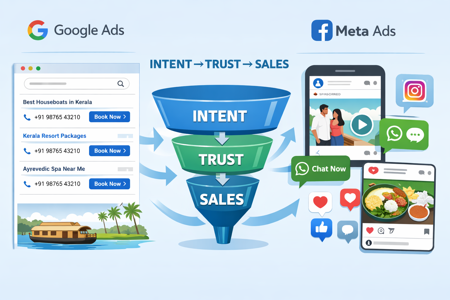 Google Ads vs Meta Ads sales funnel showing intent trust and conversion journey for Kerala businesses