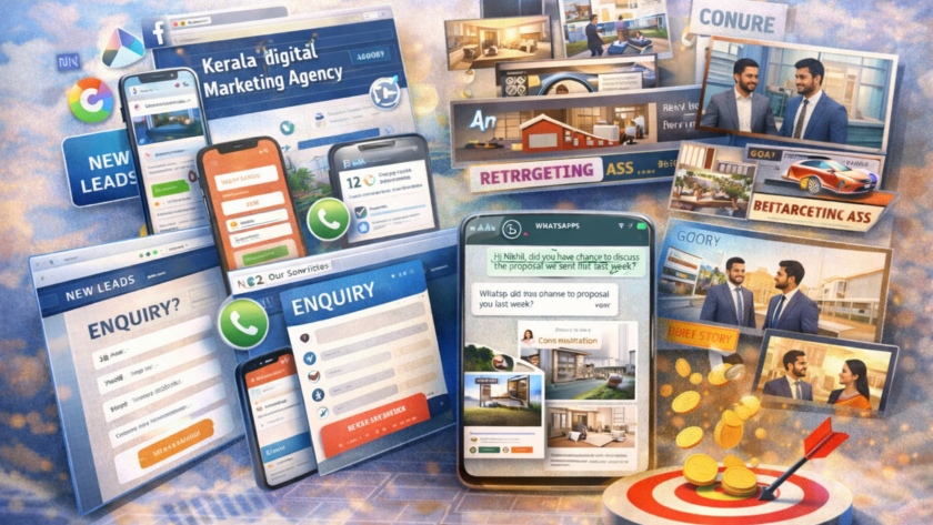 Sales funnel execution for service businesses in Kerala showing lead capture forms, WhatsApp follow-ups, retargeting ads and customer conversion process