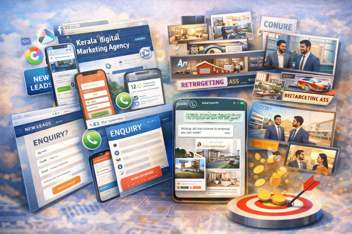 Sales funnel execution for service businesses in Kerala showing lead capture forms, WhatsApp follow-ups, retargeting ads and customer conversion process