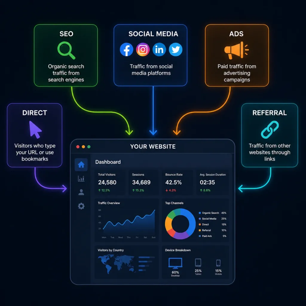 Website traffic sources infographic with SEO, social media, ads, direct, and referral traffic.