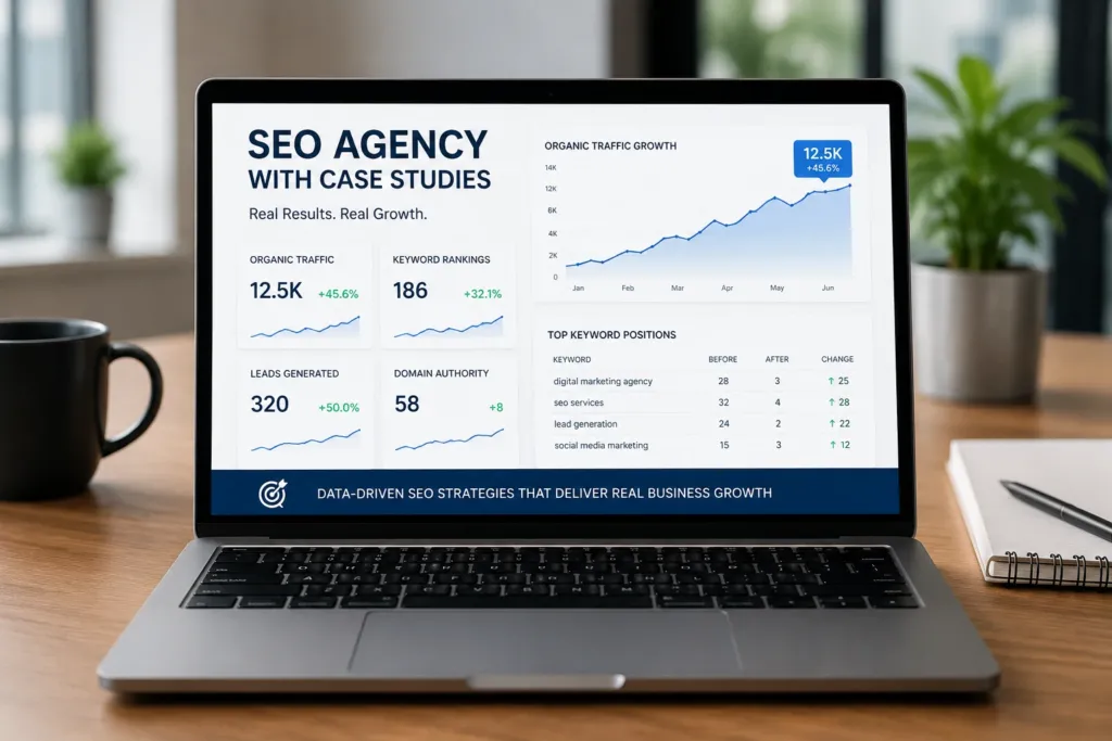 SEO agency dashboard on laptop screen