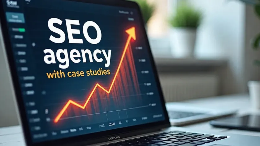 Laptop screen showing SEO agency dashboard with rising growth graph and “SEO agency with case studies” text