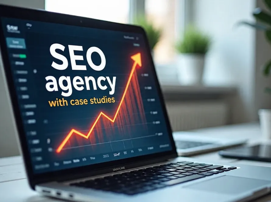Laptop screen showing SEO agency dashboard with rising growth graph and “SEO agency with case studies” text