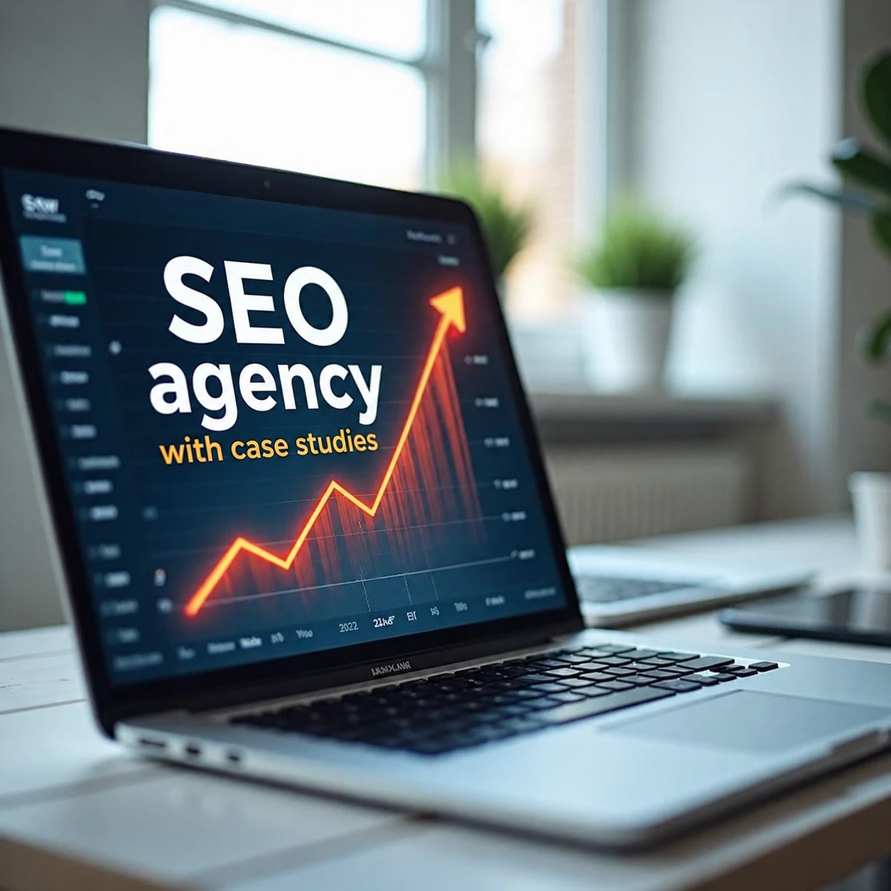 Laptop screen showing SEO agency dashboard with rising growth graph and “SEO agency with case studies” text