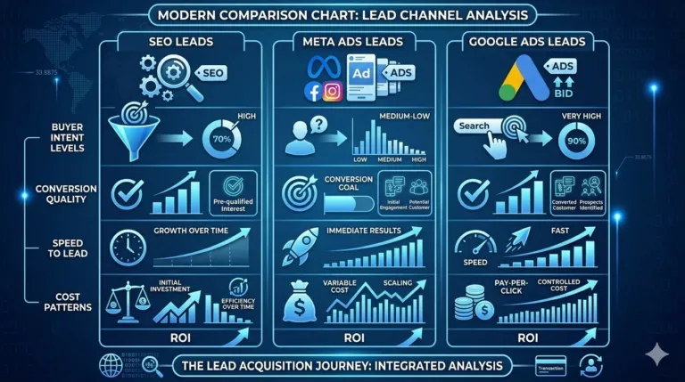 Comparison between SEO leads and Meta Ads leads by buyer intent and conversion quality.