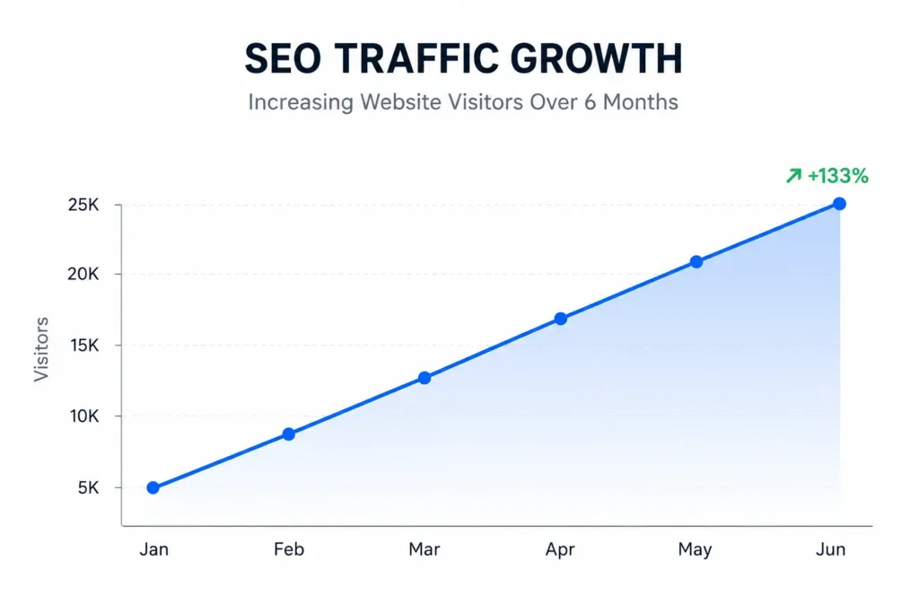 SEO traffic growth graph showing steady increase in organic visitors over time.