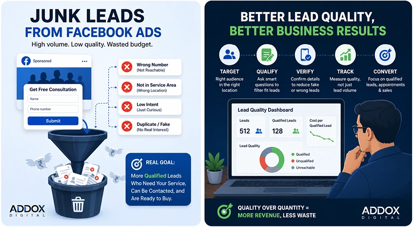 Infographic showing junk leads from Facebook ads and strategies to improve lead quality.