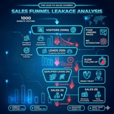 Sales funnel leakage diagram showing why businesses lose leads before conversion.