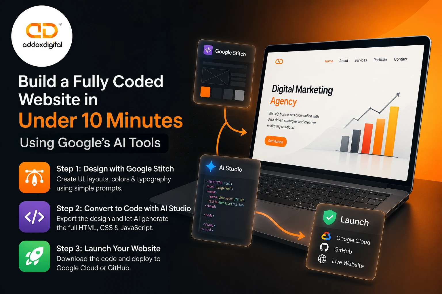 AI-powered website creation setup with Addox Digital branding and a modern laptop interface.