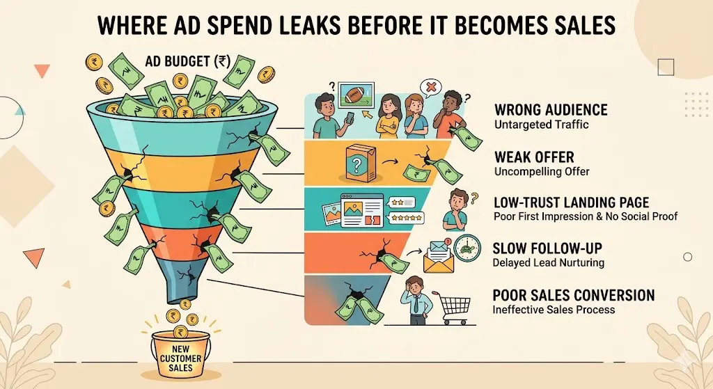 Infographic showing an ad budget (₹) leaking through a funnel at 5 stages: Wrong Audience, Weak Offer, Low-Trust Landing Page, Slow Follow-Up, and Poor Sales Conversion.