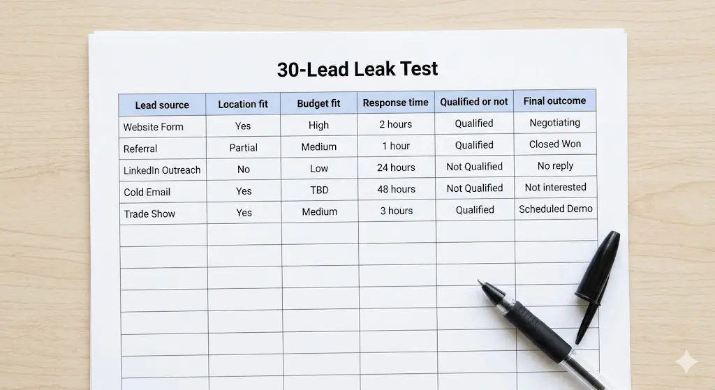 A printed worksheet titled "30-Lead Leak Test" on a light wooden desk with a black pen resting on the bottom right. The worksheet contains a table with columns for tracking lead source, location fit, budget fit, response time, qualification status, and final outcome, with the first five rows filled with sample data.