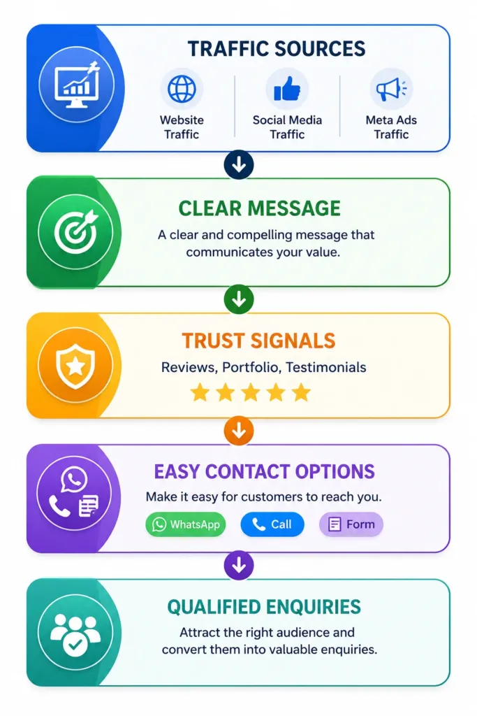 Marketing funnel infographic showing traffic sources, trust signals, contact options, and qualified enquiries.