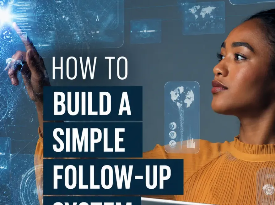 Professional using a digital tablet and holographic technology interface with the text "How to Build a Simple Follow-Up System for Every Enquiry" and Addox Digital logo
