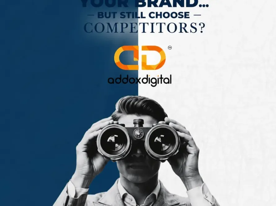 Business professional looking through binoculars with the text “Why Customers Remember Your Brand but Still Choose Competitors,” illustrating the gap between brand awareness and customer preference.