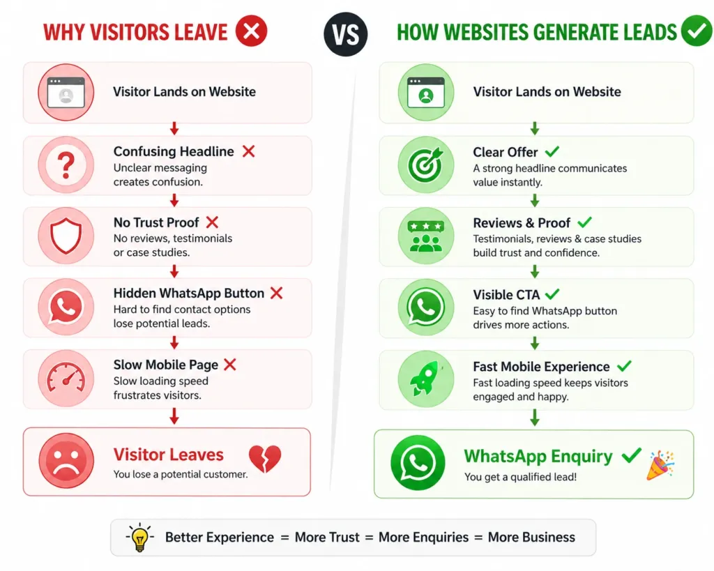Comparison infographic showing why visitors leave a website and how optimized websites generate leads.