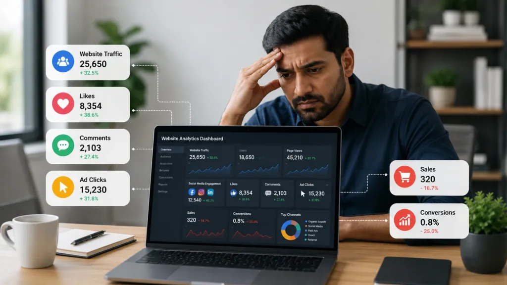 Business owner reviewing analytics showing high website traffic and low sales conversions.