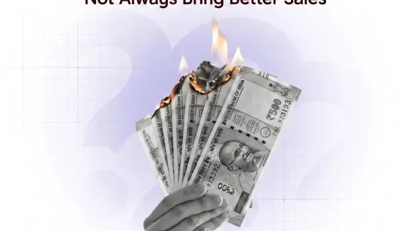 A grayscale hand holding a fan of 500 Indian Rupee notes that are catching fire at the top. Text above reads "Why More Ad Budget Does Not Always Bring Better Sales," with the addoxdigital logo in the bottom right corner.