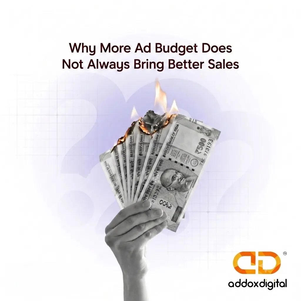 A grayscale hand holding a fan of 500 Indian Rupee notes that are catching fire at the top. Text above reads "Why More Ad Budget Does Not Always Bring Better Sales," with the addoxdigital logo in the bottom right corner.