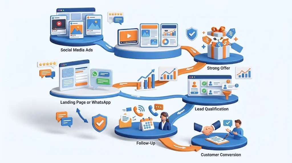 Illustration showing a complete lead generation funnel from social media ads to landing page or WhatsApp, strong offer, lead qualification, follow-up, and customer conversion.