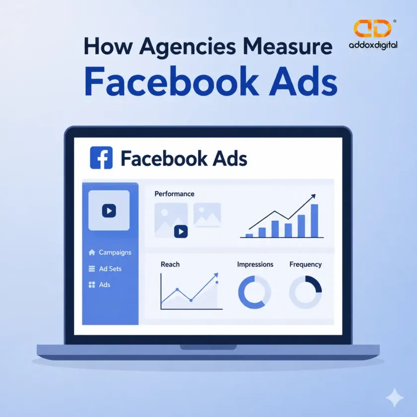 How agencies measure Facebook Ads performance using campaign metrics, analytics dashboard, and Addox Digital branding
