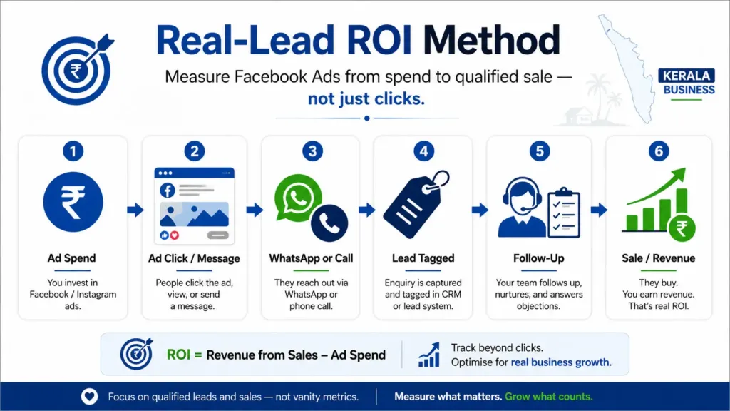 Real-Lead ROI Method infographic showing the Facebook Ads customer journey from ad spend to ad click, WhatsApp enquiry, lead tagging, follow-up, and final sales revenue for Kerala businesses.