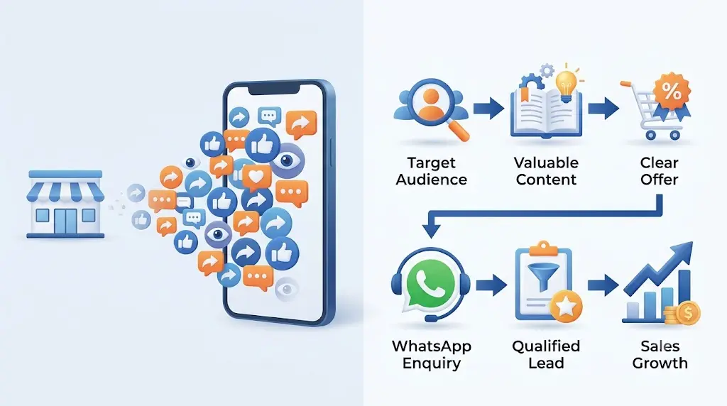 A 3D illustration showing a stream of social media engagement icons flowing from a physical storefront into a smartphone, placed next to a six-step digital marketing flowchart progressing from "Target Audience" to "Sales Growth."