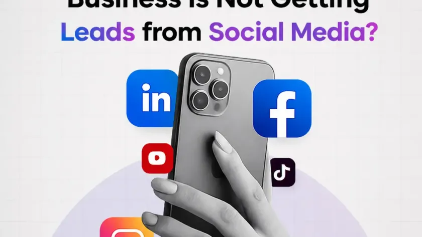 Illustration showing a smartphone surrounded by social media platform icons with the headline "Why Your Perinthalmanna Business Is Not Getting Leads from Social Media?" and Addox Digital branding, representing social media marketing and lead generation.