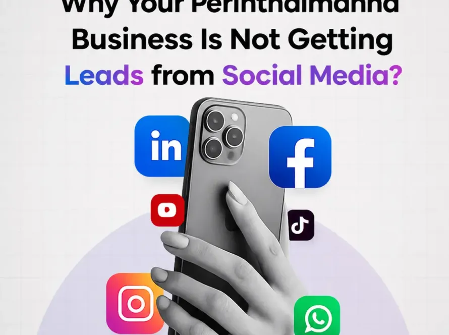 Illustration showing a smartphone surrounded by social media platform icons with the headline "Why Your Perinthalmanna Business Is Not Getting Leads from Social Media?" and Addox Digital branding, representing social media marketing and lead generation.