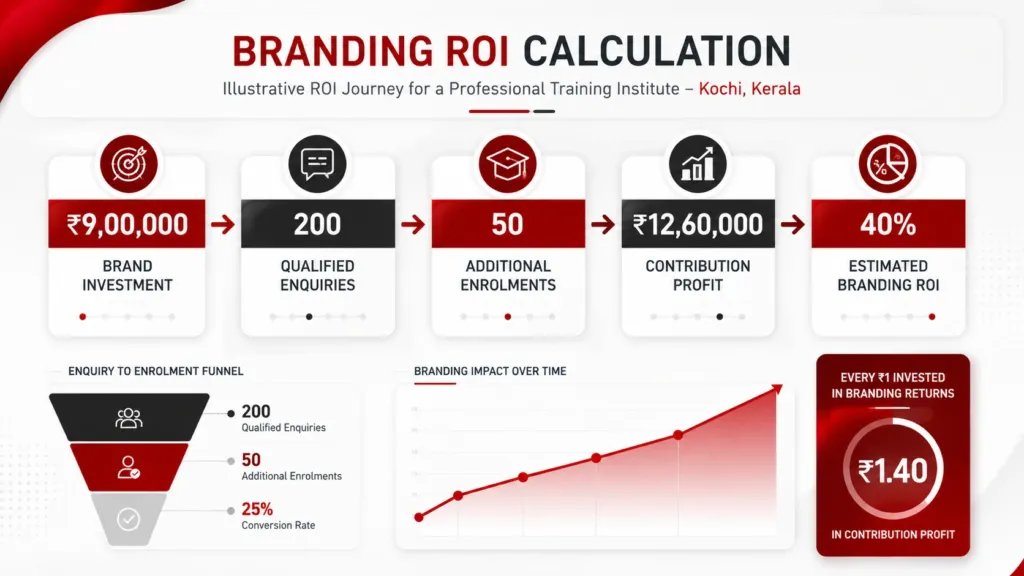 Business dashboard infographic showing branding ROI calculation with investment, enquiries, enrolments, profit and ROI.