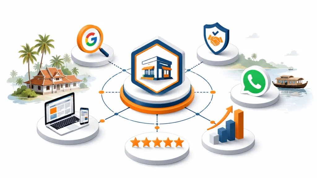 Brand strategy illustration showing visibility, trust and sales growth