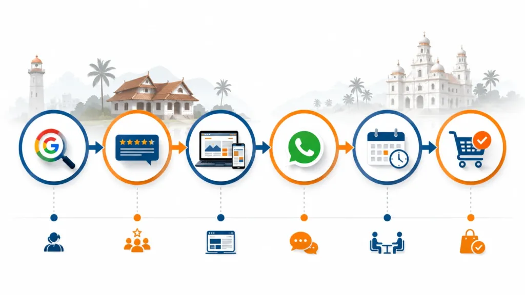Customer journey infographic showing the path from Google Search to purchase for a Kerala business