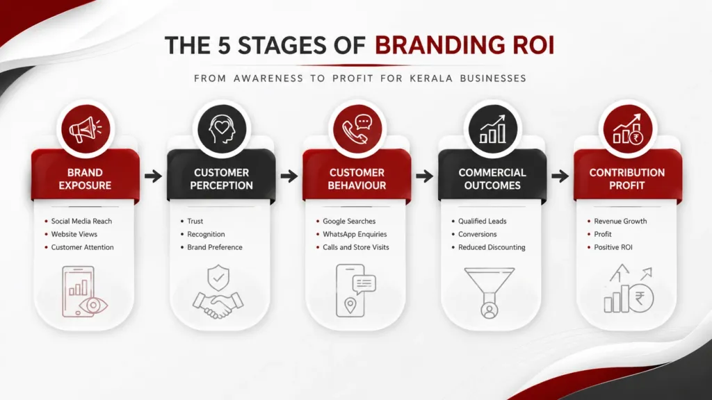 Branding ROI infographic with five business growth stages.