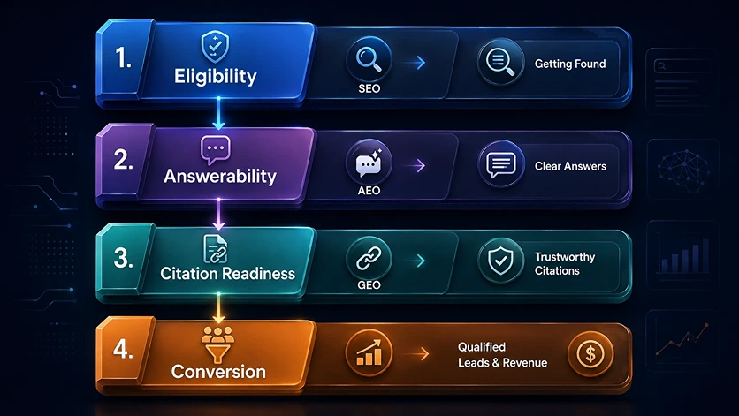 SEO, AEO, GEO and conversion infographic.